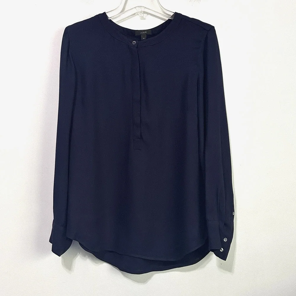 J Crew Drapey Henley Tunic Top‎ Popover Blouse 12 Navy Blue Work Long Sleeve